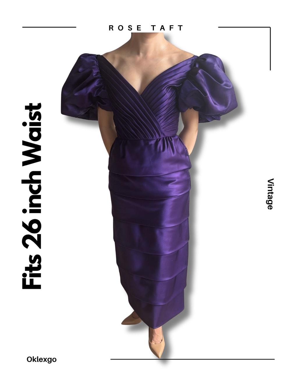 Vintage 80s Rose Taft Couture Fashions Purple Satin Puff Sleeve Gown